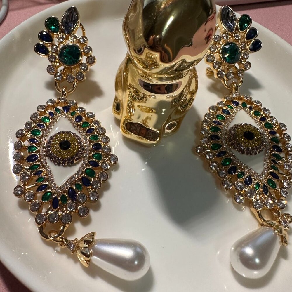 Ornate Evil Eye Gold Tone Statement Earrings with Crystal - Picture 2 of 8